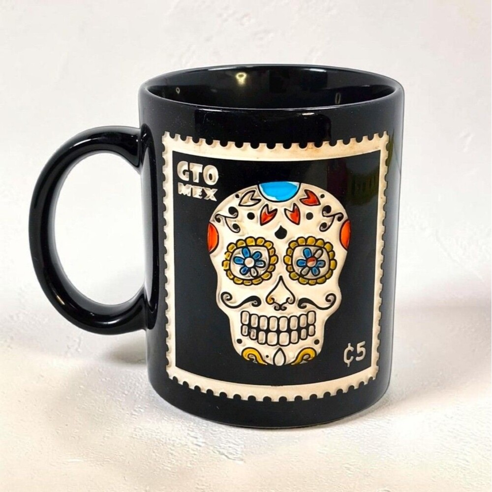 Sugar Skull Carved Ceramic Coffee Mug Black Dia de los Muertos Halloween GTO MEX